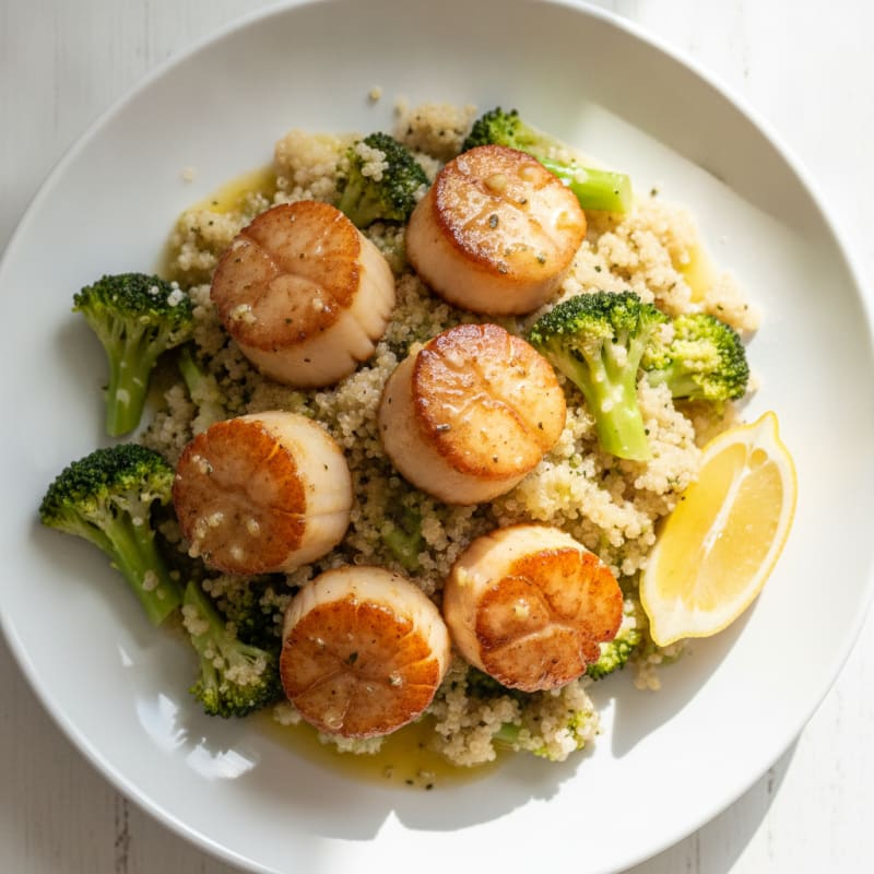 Seared Scallops with Lemon Garlic Broccoli and Quinoa