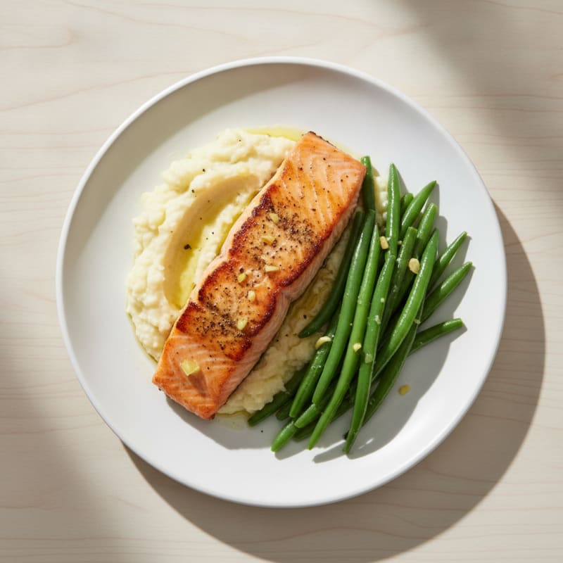 Seared Salmon with Steamed Green Beans and Garlic Mashed Cauliflower