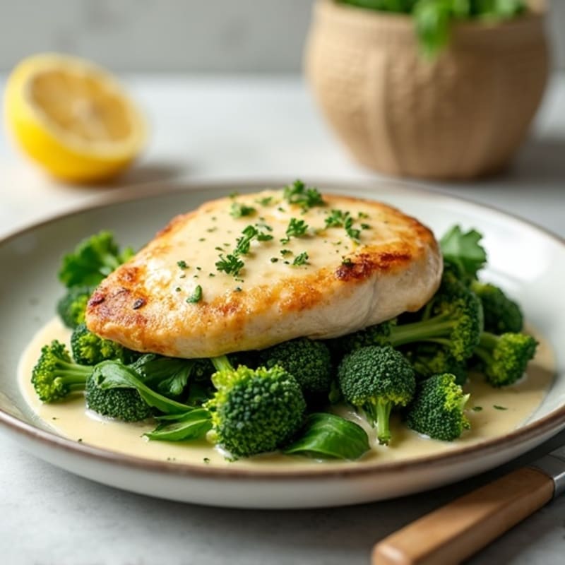 Healthy Creamy Garlic Chicken with Roasted Greens