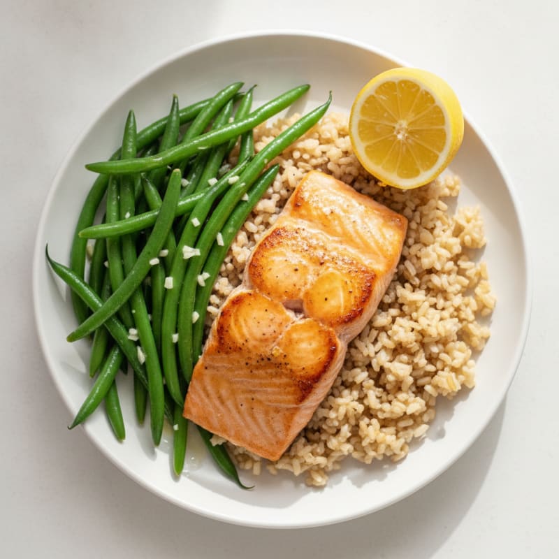 Seared Salmon with Garlic Green Beans and Brown Rice