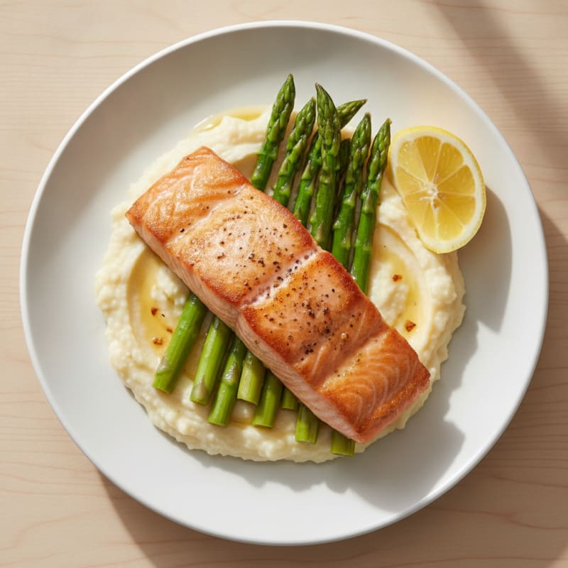Seared Salmon Fillet with Steamed Asparagus and Cauliflower Mash
