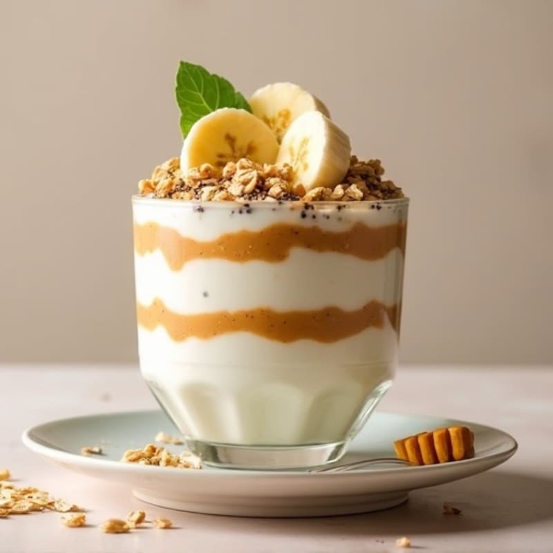 Peanut Butter Yogurt Protein Parfait with Chia and Sliced Banana