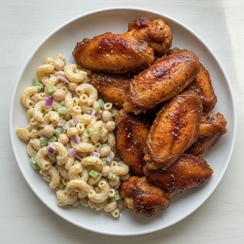 BBQ Fried Chicken Wings with Macaroni Salad
