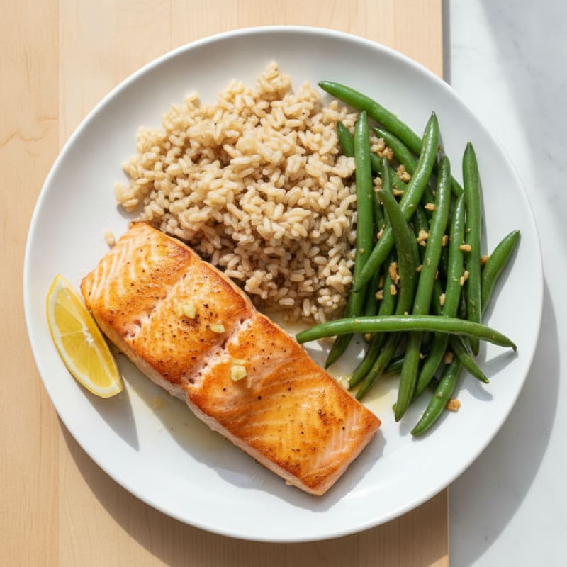 Seared Salmon with Garlic Green Beans and Brown Rice
