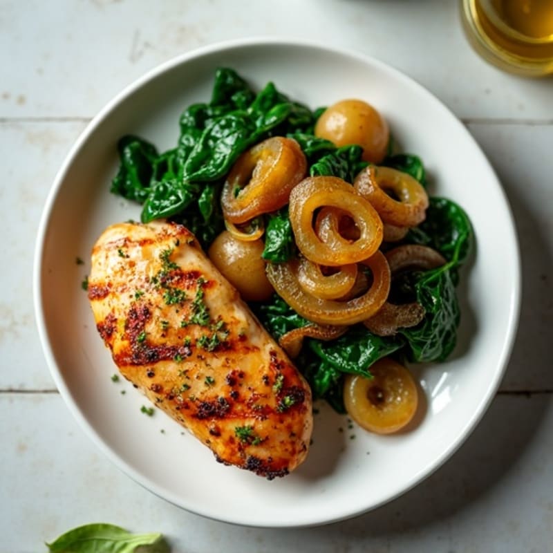 Garlic-Herb Grilled Chicken with Caramelized Onions and Wilted Spinach