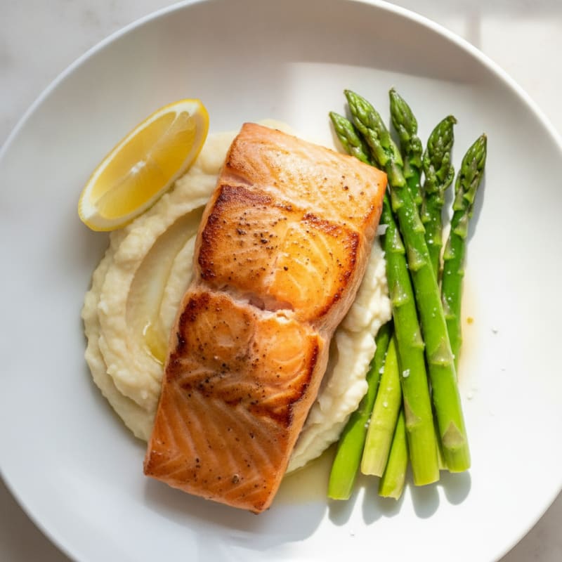 Seared Salmon Fillet with Steamed Asparagus and Cauliflower Mash