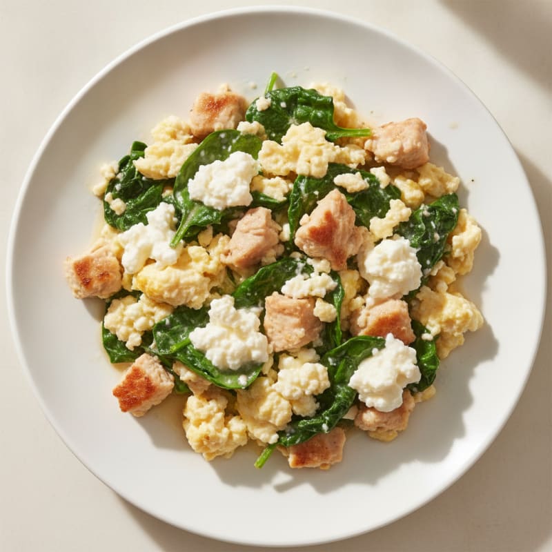 Egg White and Turkey Breast Scramble with Cottage Cheese and Sautéed Spinach