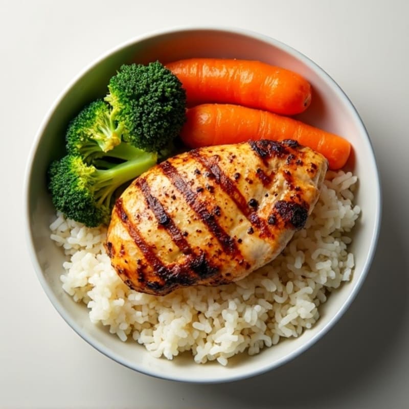 Grilled Chicken Rice Bowl with Roasted Broccoli and Carrots