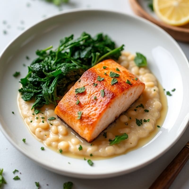 Seared Salmon with Creamy White Bean Mash and Sautéed Spinach