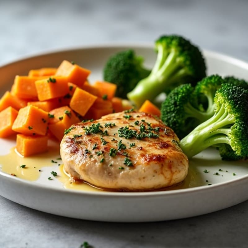 Herb-Seared Chicken Breast with Steamed Sweet Potatoes and Broccoli