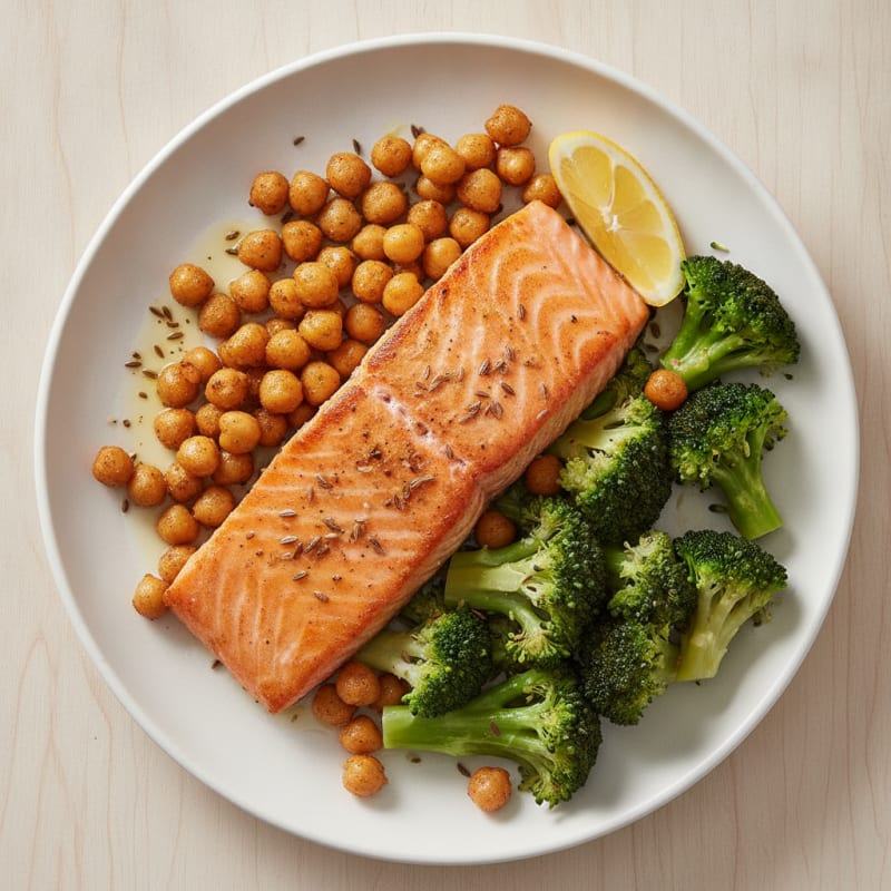 Seared Salmon with Roasted Chickpeas and Steamed Broccoli