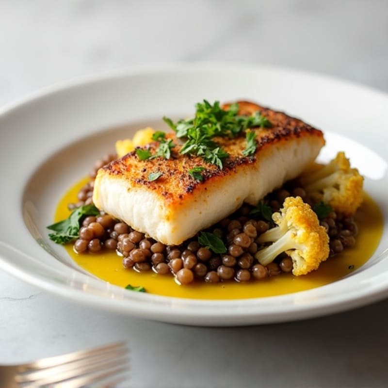 Seared Cod with Roasted Cauliflower and Lentils