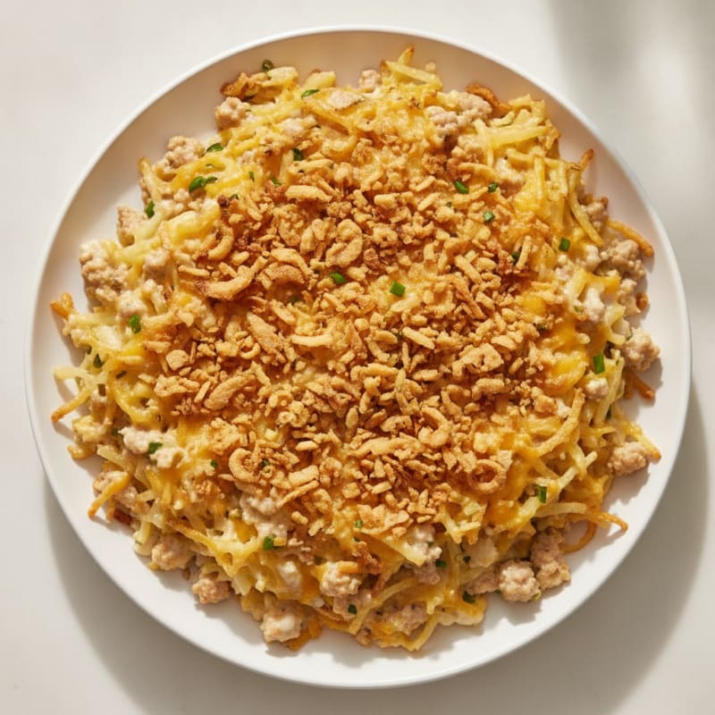 Cheesy Hash Brown Bake with Crispy Onions