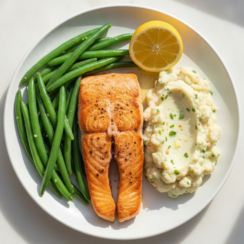 Seared Salmon Fillet with Steamed Green Beans and Garlic Mashed Cauliflower