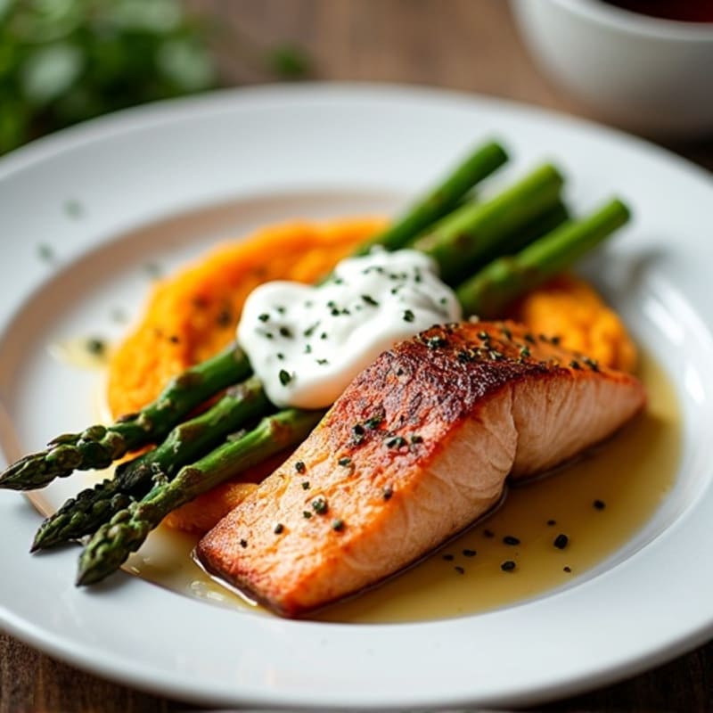Seared Salmon with Roasted Asparagus and Sweet Potato Mash