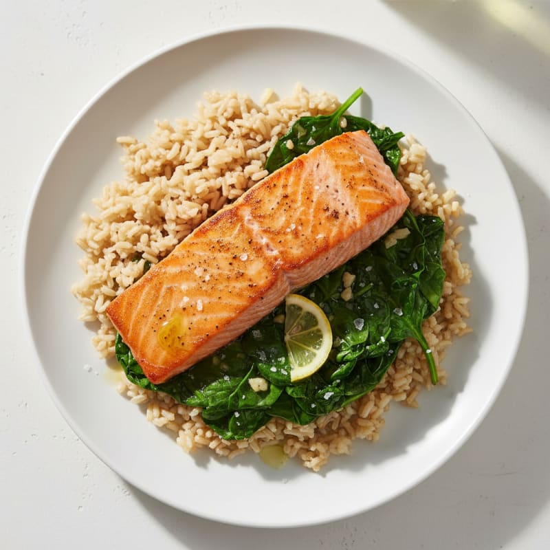 Seared Salmon with Garlic Spinach and Brown Rice