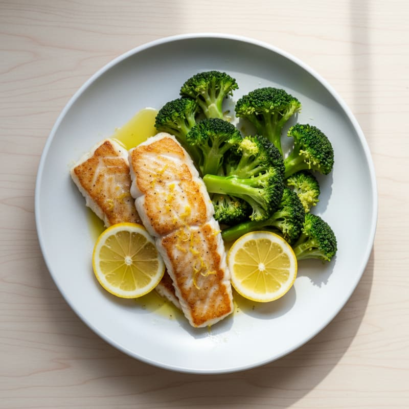 Seared Cod with Steamed Broccoli and Lemon