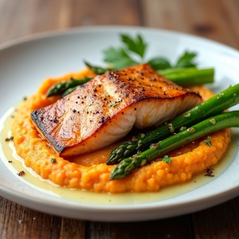 Seared Salmon with Steamed Asparagus and Sweet Potato Mash