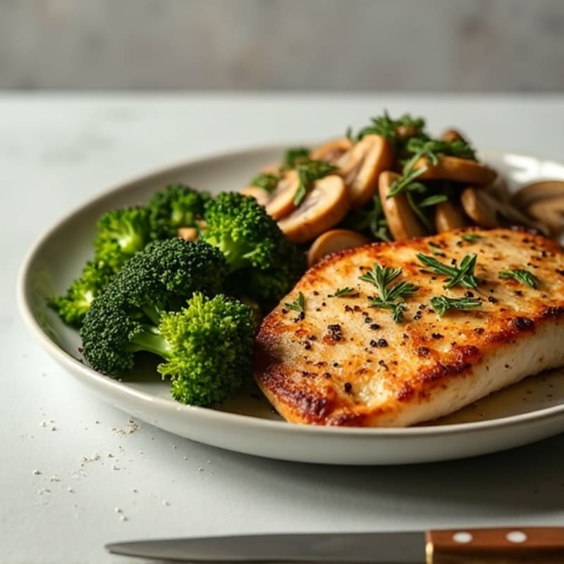 Garlic-Herb Pan Seared Chicken with Broccolini Mushroom Medley