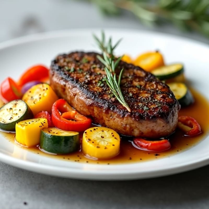 Herb-Crusted Pan Seared Steak with Roasted Rainbow Vegetables