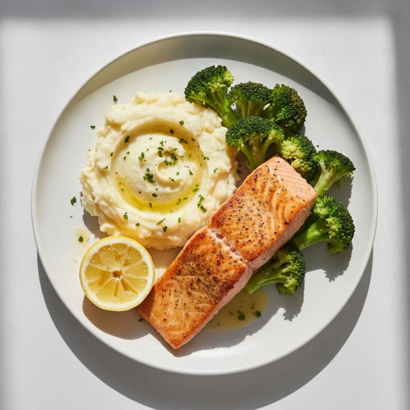 Seared Salmon with Steamed Broccoli and Garlic Mashed Potatoes