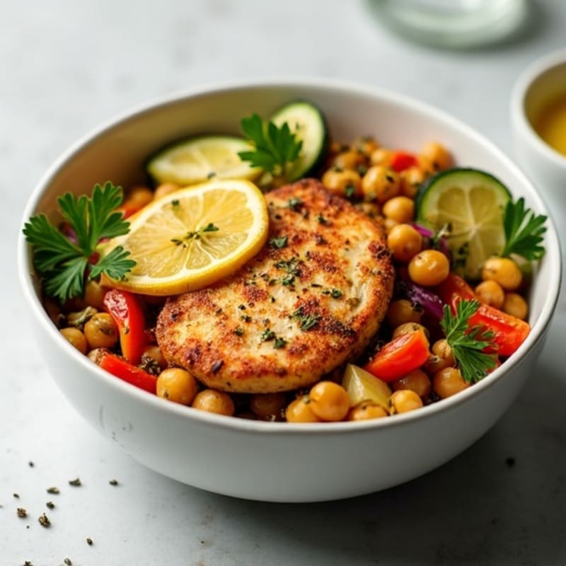 Crispy Lemon Herb Chicken and Roasted Vegetable Bowl