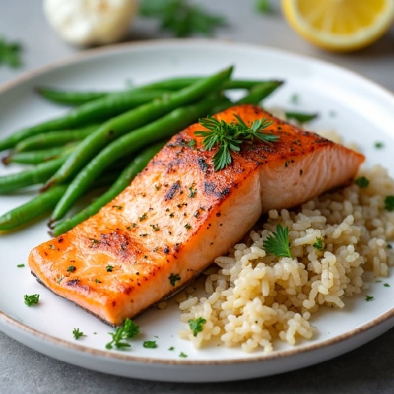 Seared Salmon with Steamed Green Beans and Herb Rice