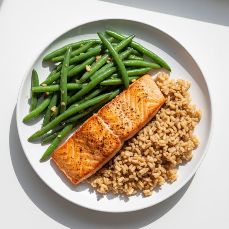Seared Salmon with Garlic Green Beans and Brown Rice