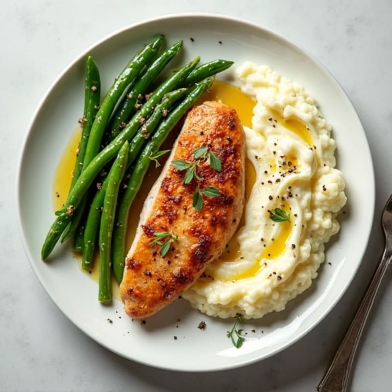 Seared Turkey Breast with Steamed Green Beans and Garlic Cauliflower Mash