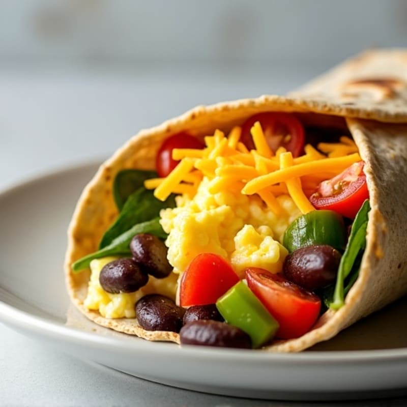 Fluffy Scrambled Egg, Black Bean, and Fresh Veggie Whole Wheat Burrito