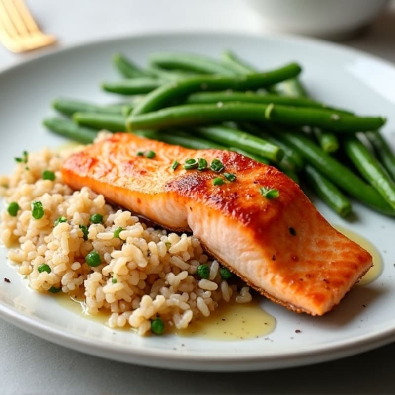 Seared Salmon with Garlic Green Beans and Brown Rice