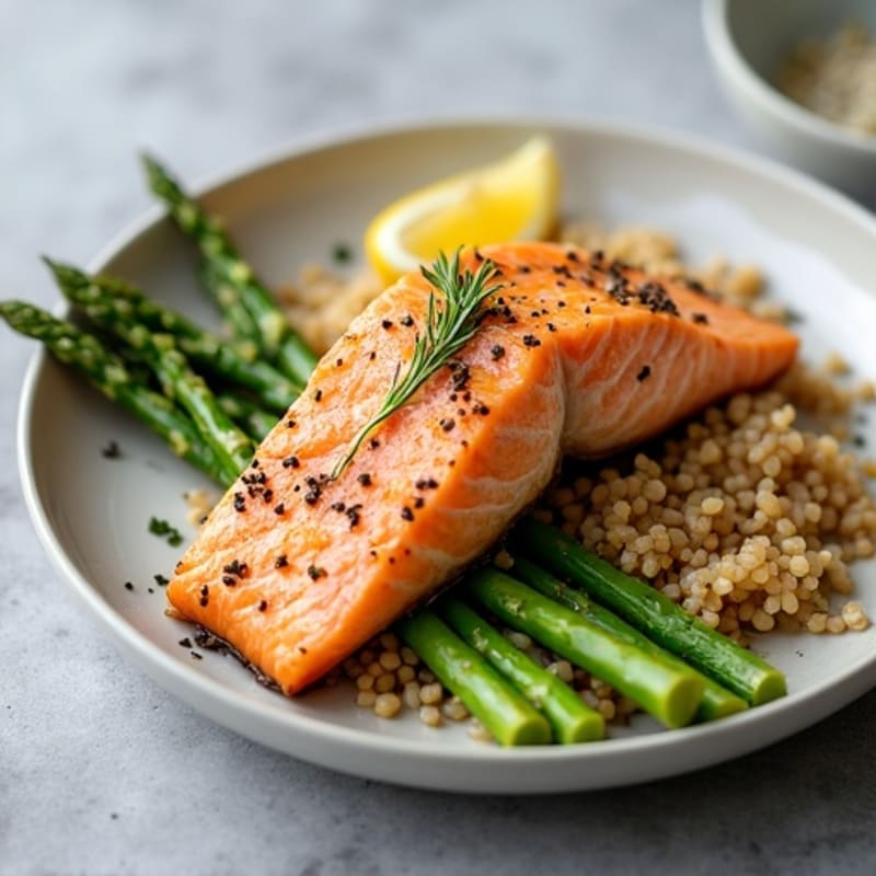 Seared Salmon with Steamed Asparagus and Brown Rice