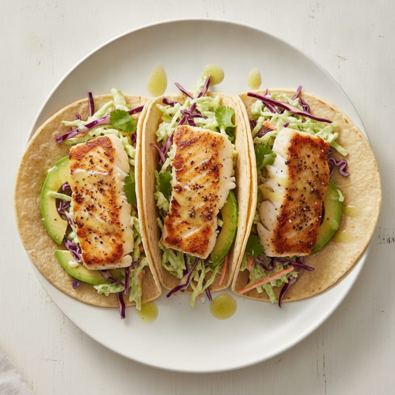 Pan-Seared Cod Fish Tacos with Slaw