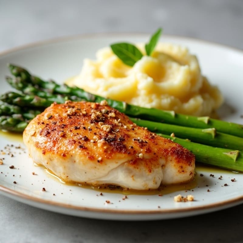 Crispy Pan-Seared Chicken with Roasted Asparagus and Creamy Garlic Mashed Potatoes
