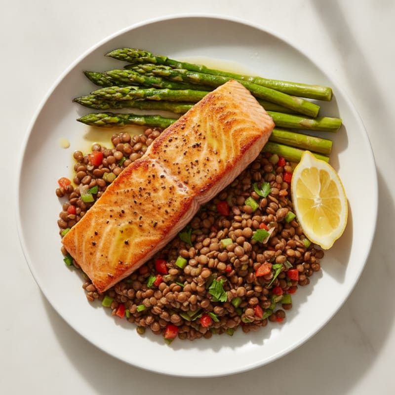 Seared Salmon with Steamed Asparagus and Lentil Salad