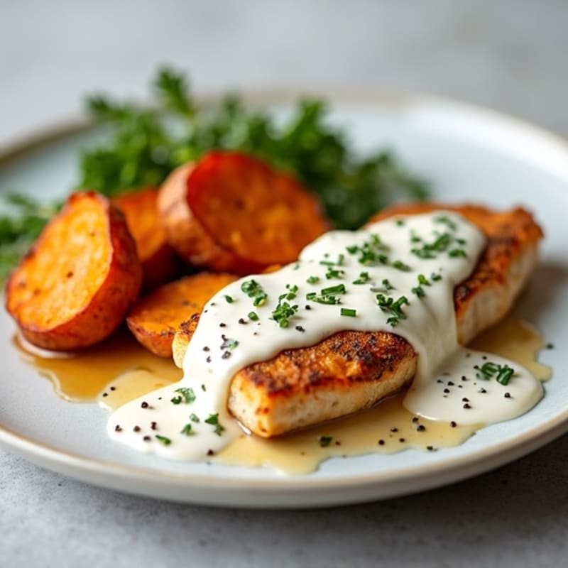 Creamy Chicken with Salted Maple-Glazed Sweet Potatoes