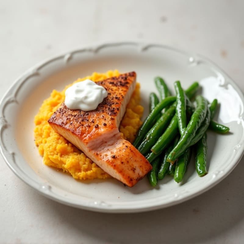 Seared Salmon with Steamed Green Beans and Mashed Sweet Potato