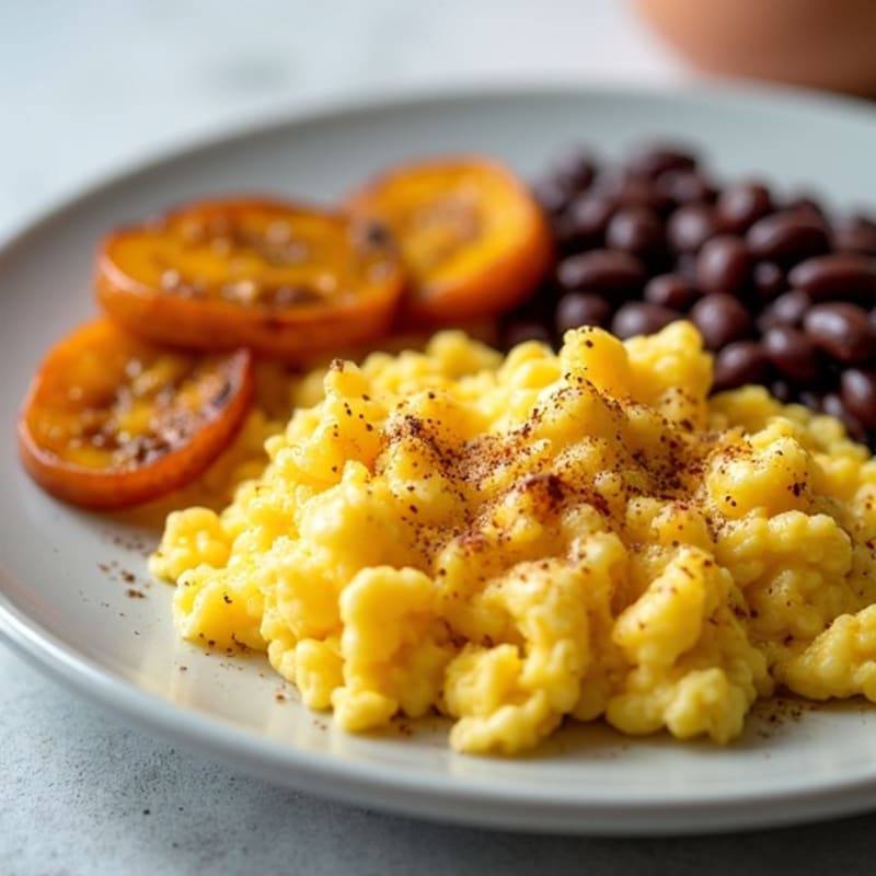 Scrambled Eggs with Creamy Black Beans and Sweet Roasted Plantains