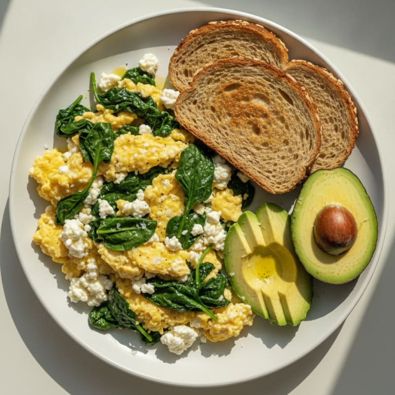 Scrambled Eggs with Cottage Cheese and Sautéed Spinach