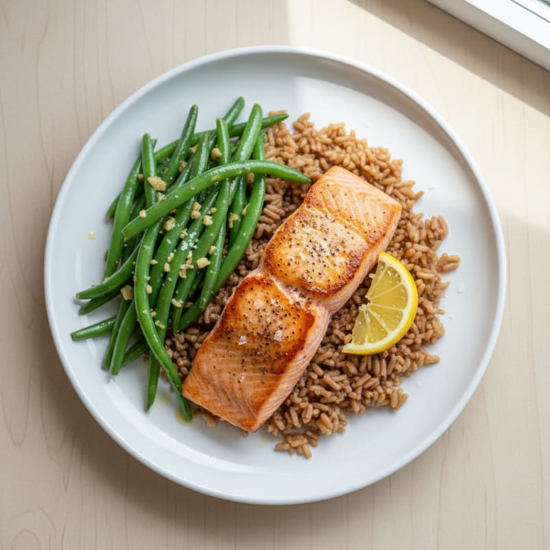 Seared Salmon with Garlic Green Beans and Brown Rice
