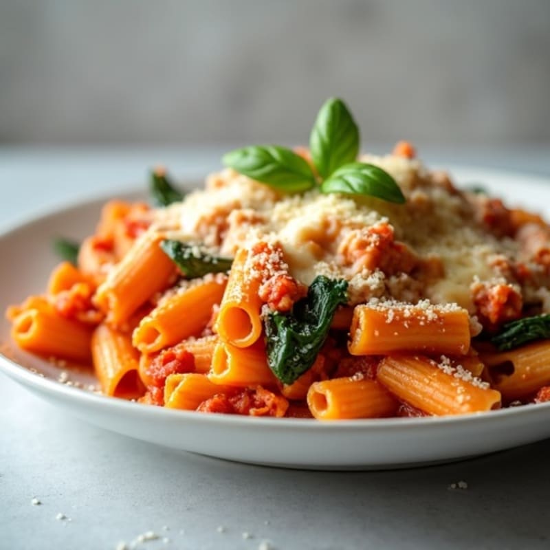Cheesy Baked Ziti with Lean Ground Turkey and Spinach