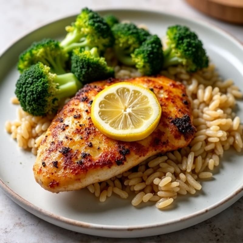Crispy Lemon Garlic Chicken with Roasted Broccoli and Brown Rice