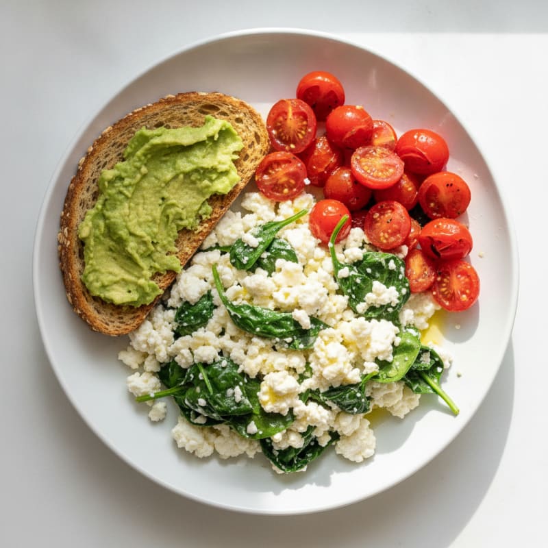Cottage Cheese Egg White Scramble with Sautéed Spinach and Cherry Tomatoes