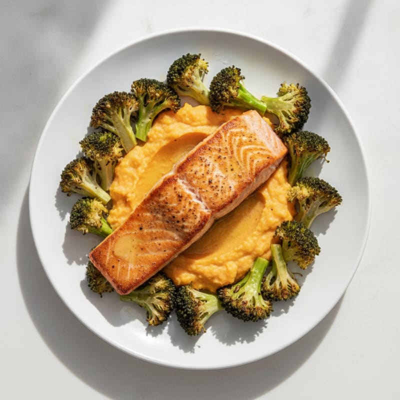 Seared Salmon Filet with Roasted Broccoli and Sweet Potato Mash