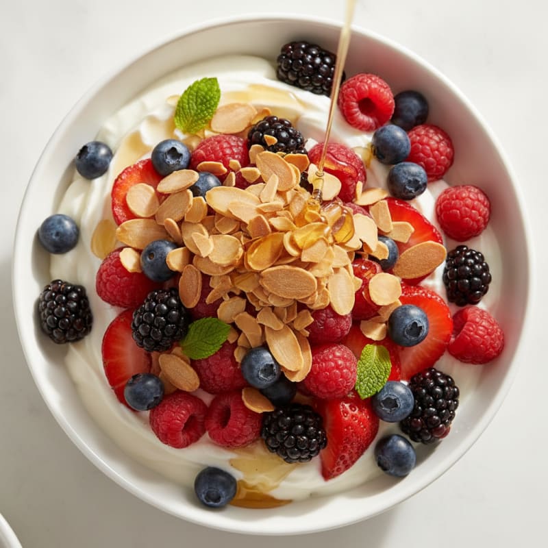 Greek Yogurt Protein Parfait with Mixed Berries and Almonds