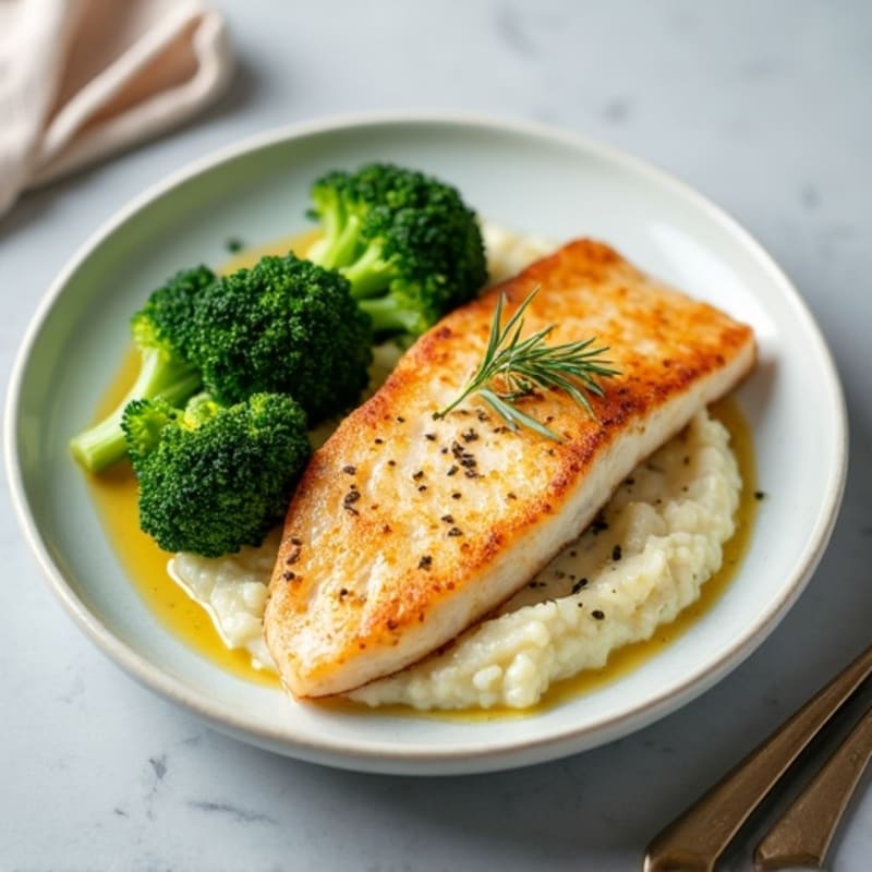 Seared Tilapia with Steamed Broccoli and Cauliflower Mash