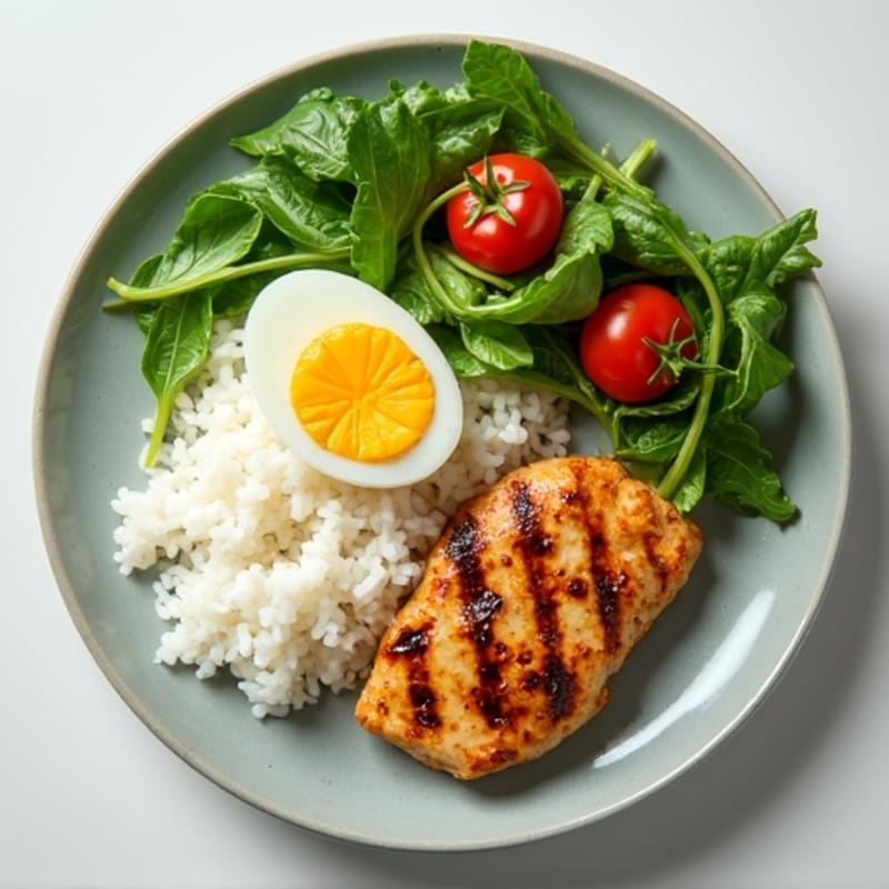 Grilled Chicken Breast with Steamed Rice and Leafy Greens