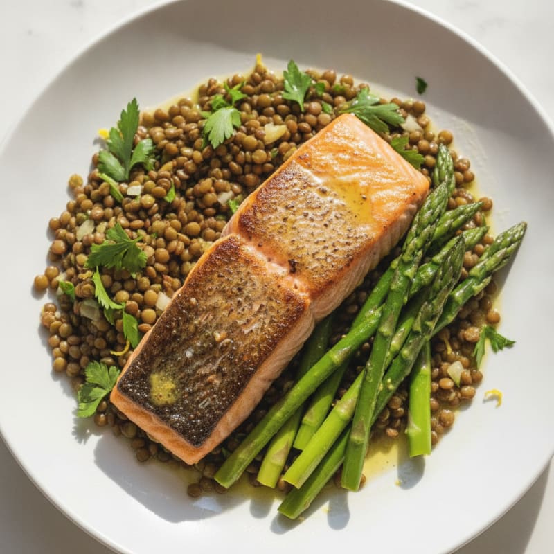 Seared Salmon Fillet with Lentil Salad and Steamed Asparagus