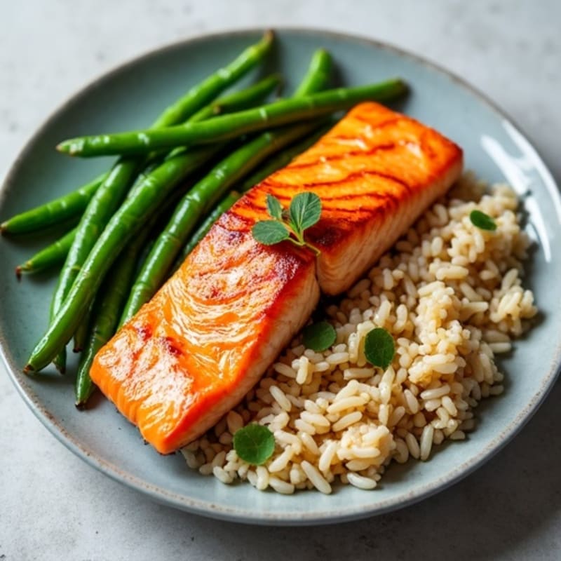 Seared Salmon with Steamed Green Beans and Brown Rice