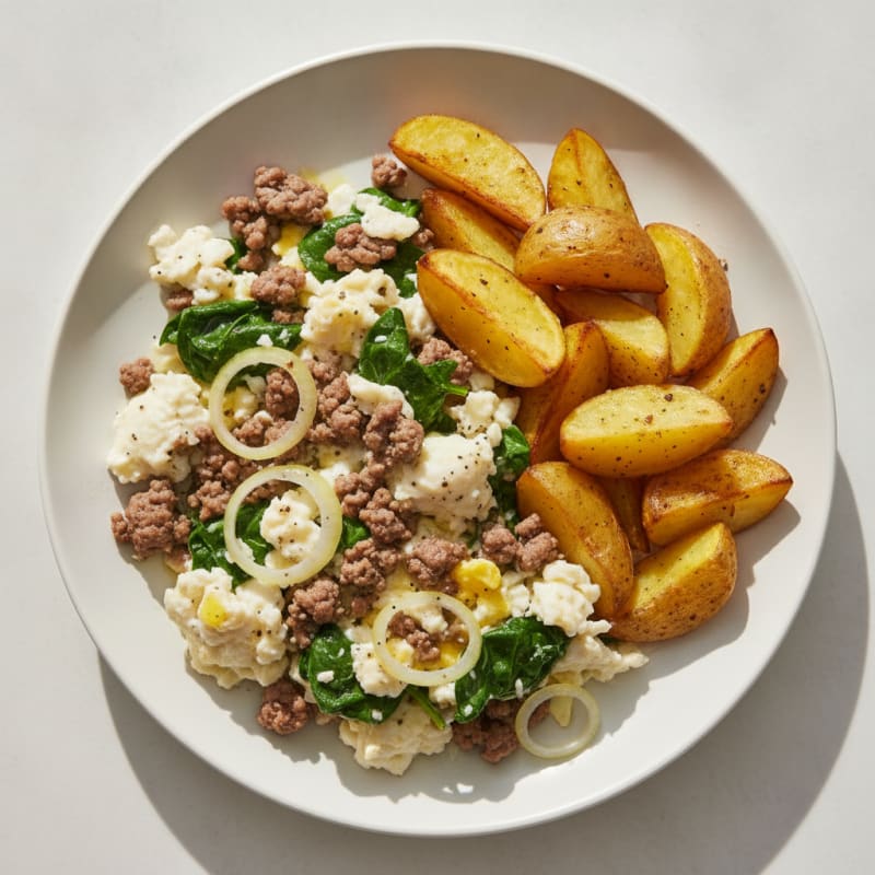 Scrambled Egg Whites with Ground Beef and Roasted Yellow Potatoes